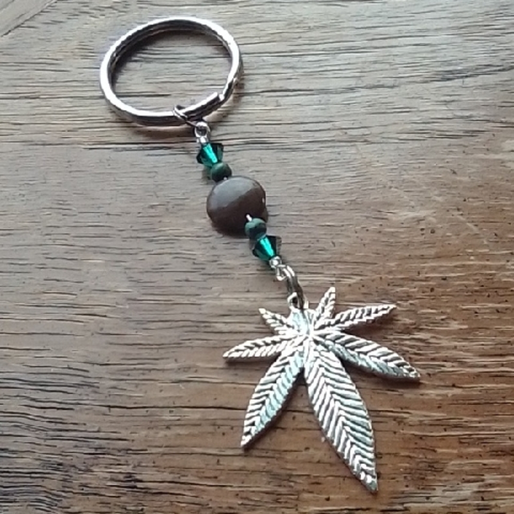 Hand Crafted Semiprecious Crystal Beads Weed Leaf Keychain!!!!